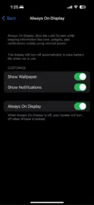 گزینه های Always On Display در برنامه تنظیمات در iOS