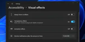صفحه تنظیمات جلوه های بصری در ویندوز 11 با گزینه جلوه های انیمیشن