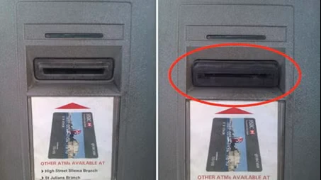 یک دستگاه خودپرداز با اسکیمر کارت و یکی بدون.