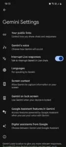 تنظیمات Gemini در اندروید