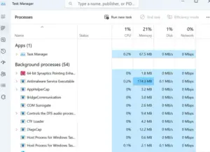 تصویری از لیست فرآیندها در Task Manager در Tiny11