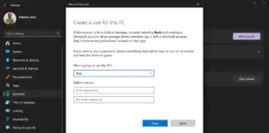 کادر گفتگوی Create a user for this PC در برنامه تنظیمات در رایانه شخصی ویندوز 11 نمایش داده می شود