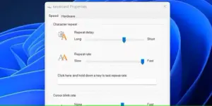 ویژگی های صفحه کلید با تاخیر تکرار و سرعت تکرار پنجره می شود