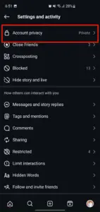 گزینه اکانت privacy در تنظیمات اینستاگرام.