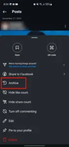 گزینه آرشیو از منوی پست اینستاگرام.