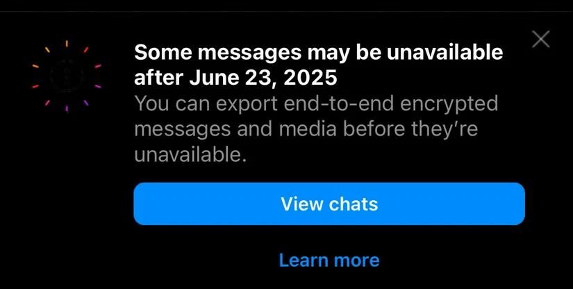 برخی از پیام‌ها ممکن است در دسترس نباشند، اینستاگرام به صورت پاپ‌آپ ظاهر می‌شود